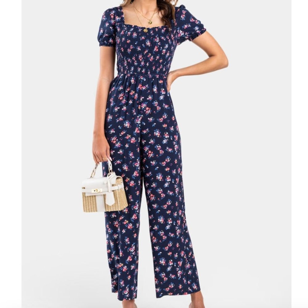 Francesca's Elexa Smocked Floral Jumpsuit L